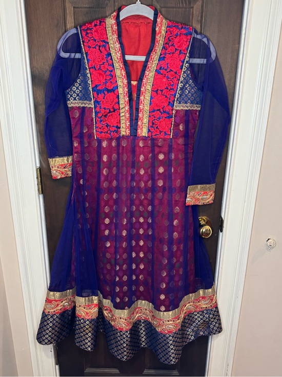 Handmade Other - Handmade Royal Blue Red Anarkali Kurti Dress Sheer Sleeves Brocade Small 41"